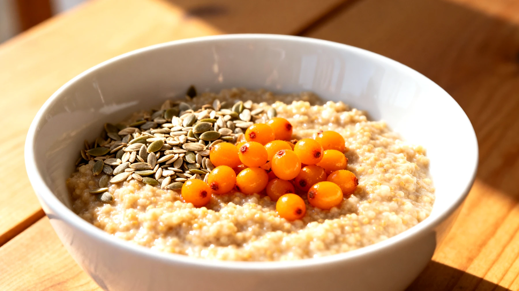 Amaranth-Porridge mit Hanfsamen und Sanddornbeeren"