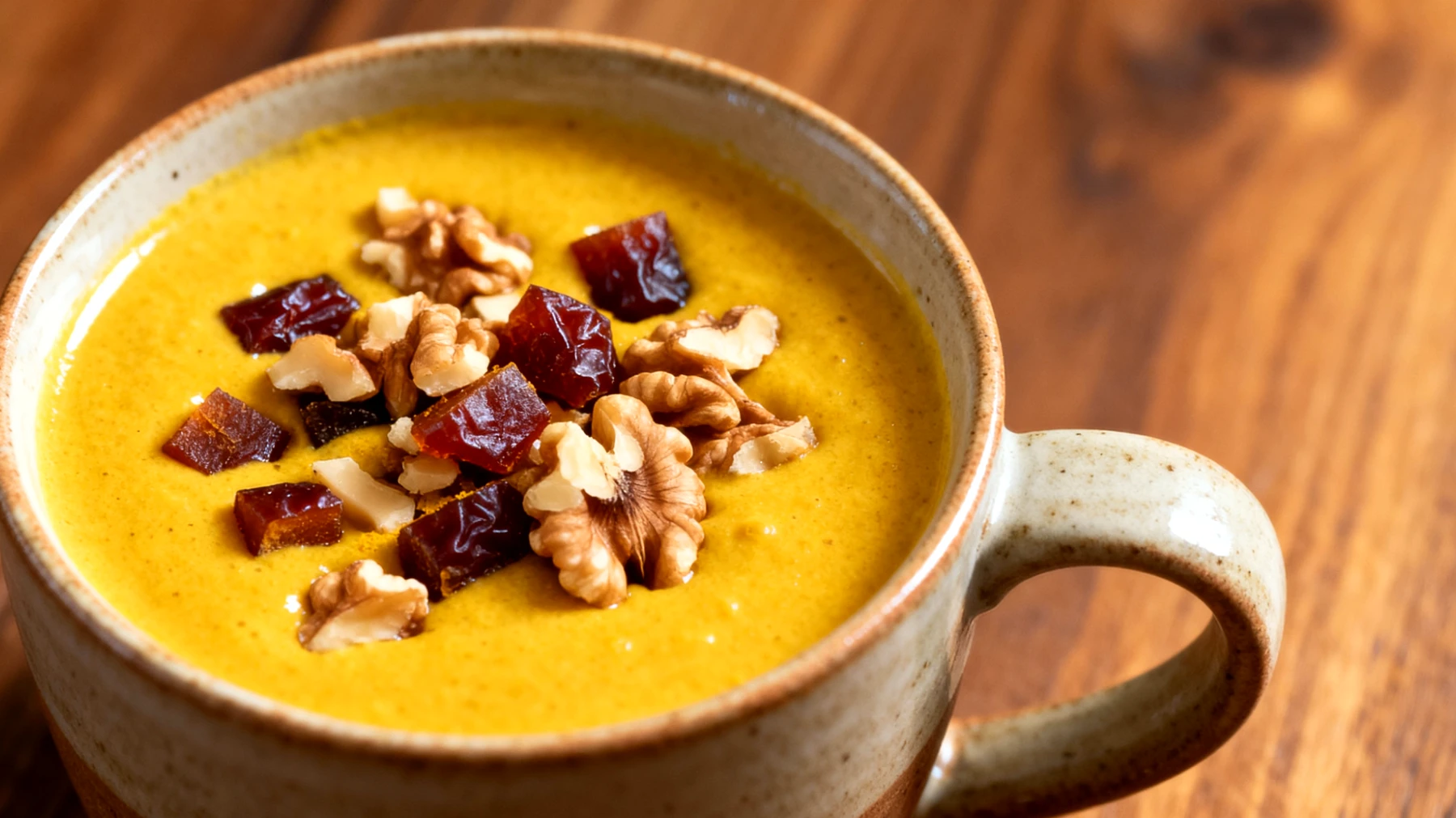 Goldene Milch mit Walnüssen und Datteln (Kurkuma-Latte mit Nuss-Topping)"