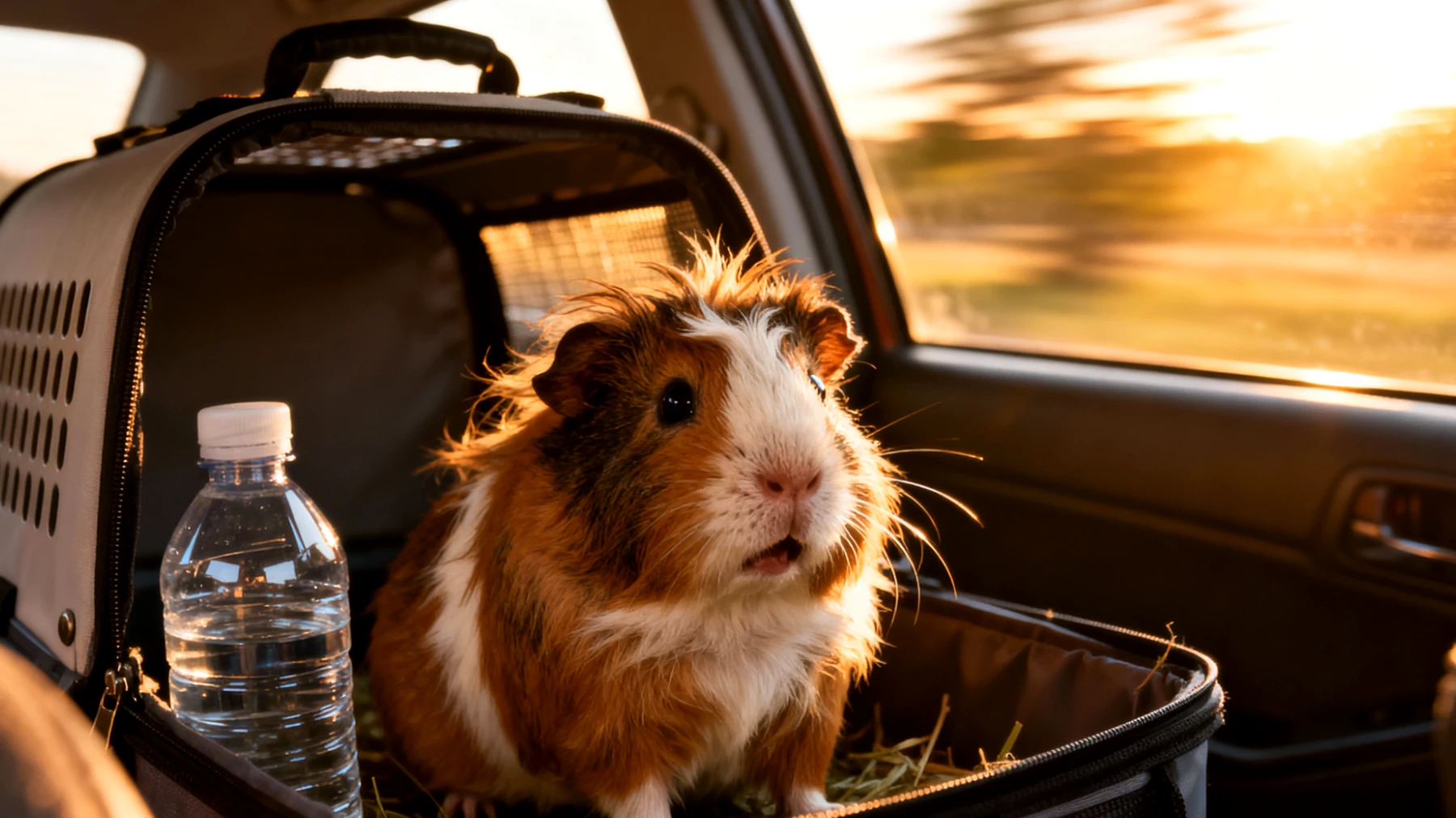 Meerschweinchen zeigen während einer Reise häufig Stress, Dehydrierung und Verdauungsprobleme aufgrund der ungewohnten Umgebung, Bewegung des Transportmittels und unterbrochenen Fütterungsroutinen"