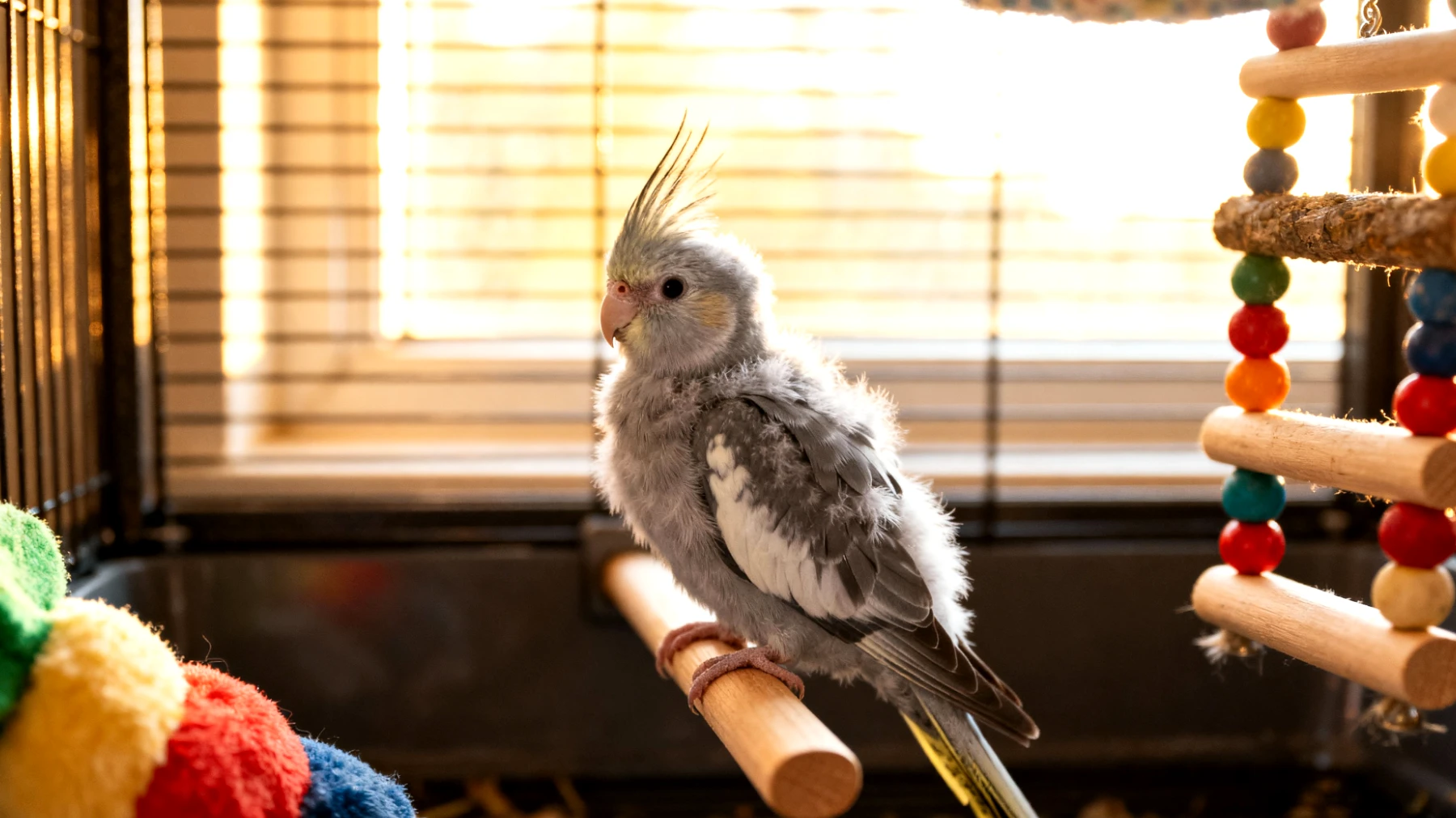 Junge Nymphensittiche benötigen altersgerechte Pflegeprodukte und spezielles Zubehör, das ihrer Entwicklungsphase entspricht, wie kleinere Sitzstangen, weichere Spielzeuge und sichere Käfigausstattung für unerfahrene Jungvögel"