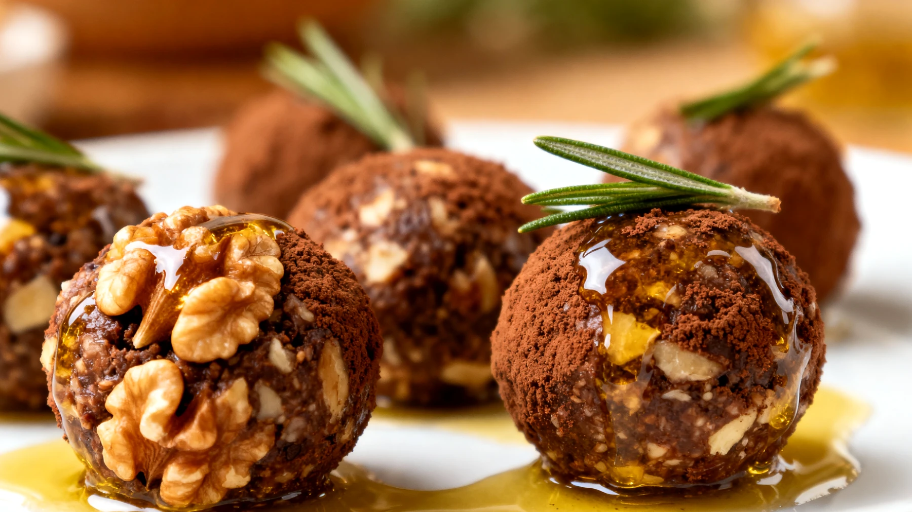 Walnuss-Kakao-Energiebällchen mit Rosmarinöl"